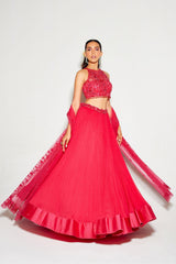 HOT PINK TONAL BLOUSE AND PLEATED LEHENGA SET