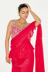 HOT PINK RUFFLE SAREE