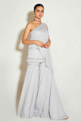 GREY ONE SHOULDER CAPE AND SHARARA SET