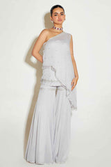 GREY ONE SHOULDER CAPE AND SHARARA SET