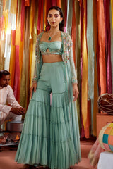 MINT GREEN CAPE AND SHARARA SET WITH CUT-OUT BUSTIER