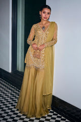Gold Tonal Embroidered Kurta and Sharara Set