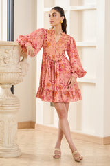 Pink Floral Printed Short Dress