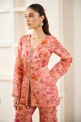 Pink Floral Print Cut-Out Peplum Set