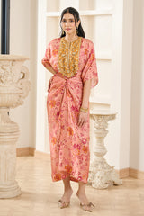 Pink Floral Print Kaftan With Drape Skirt