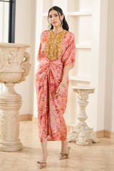Pink Floral Print Kaftan With Drape Skirt