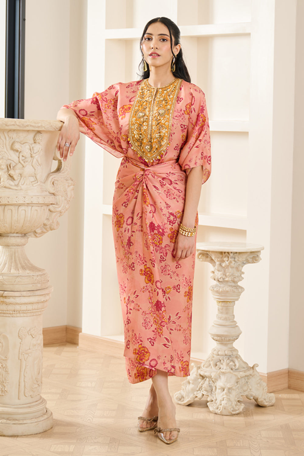 Pink Floral Print Kaftan With Drape Skirt – Sanya Gulati