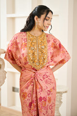 Pink Floral Print Kaftan With Drape Skirt