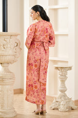 Pink Floral Print Kaftan With Drape Skirt