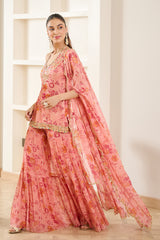 Pink Floral Print Halter Neck Kurta Sharara Set