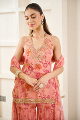 Pink Floral Print Halter Neck Kurta Sharara Set