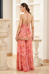 Pink Floral Print Halter Neck Kurta Sharara Set