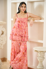 Pink Floral Print Chiffon Co-ord Set