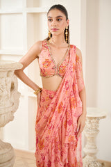 Pink Floral Print Drape Saree