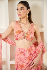 Pink Floral Print Drape Saree