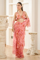 Pink Floral Print Drape Saree