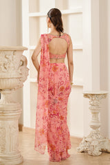 Pink Floral Print Drape Saree