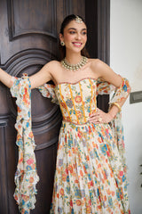 Ivory Floral Print Corset Lehenga Set