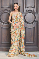 Ivory Floral Print Crushed Tissue Saree