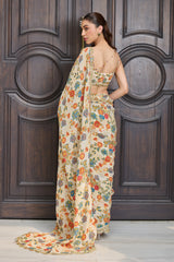 Ivory Floral Print Crushed Tissue Saree