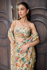 Ivory Floral Print Crushed Tissue Saree