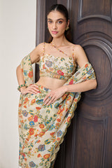 Ivory Floral Print Crushed Tissue Saree