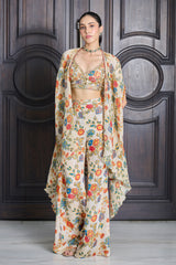 Ivory Floral Print Crushed Tissue Cape Set