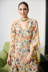 Ivory Floral Print Crushed Tissue Kaftan