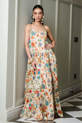 Ivory Floral Print Tiered Dress
