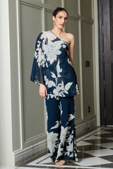Blue Floral Print One Shoulder Top and Pants Set