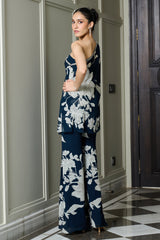 Blue Floral Print One Shoulder Top and Pants Set