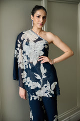 Blue Floral Print One Shoulder Top and Pants Set