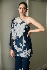 Blue Floral Print One Shoulder Top and Pants Set