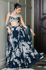 Blue Floral Print Lehenga Set