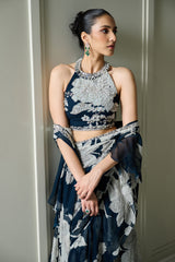 Blue Floral Print Saree