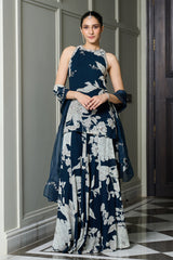 Blue Floral Print Halter Neck Kurta Sharara Set