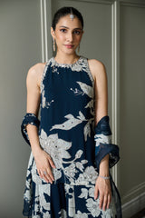 Blue Floral Print Halter Neck Kurta Sharara Set