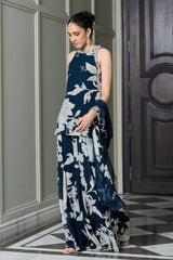 Blue Floral Print Halter Neck Kurta Sharara Set