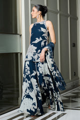 Blue Floral Print Halter Neck Kurta Sharara Set