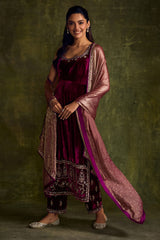 Mulberry Velvet High Slit Kurta and Pants Set