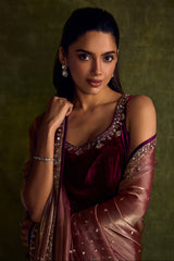 Mulberry Velvet High Slit Kurta and Pants Set