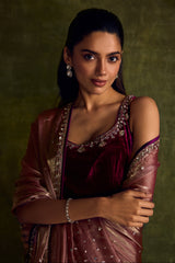 Mulberry Velvet High Slit Kurta and Pants Set