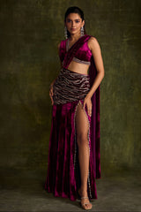 Mulberry Velvet Slit Pre-Draped Saree