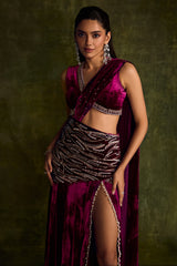 Mulberry Velvet Slit Pre-Draped Saree