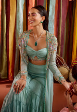 MINT GREEN CAPE AND SHARARA SET WITH CUT-OUT BUSTIER