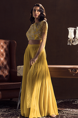 Mustard Crop Top with Flared Sleeves and Palazzo Set