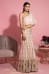 Nude Pink Mermaid Lehenga and One Shoulder Cape Top Set