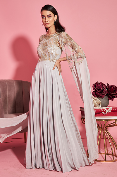 Grey Embroidered Gown with Attached Sleeves Sanya Gulati