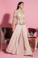 Nude Pink Peplum Jacket and Palazzo Set