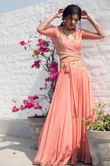 Peach wrap around crop-top skirt set